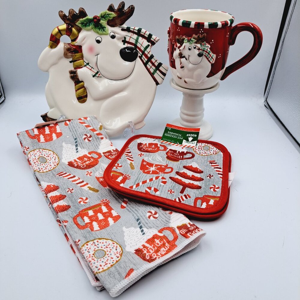 Fitz and Floyd Reindeer Gift Gallery Plate & Mug & Hot Coco Towel & Pot Holders